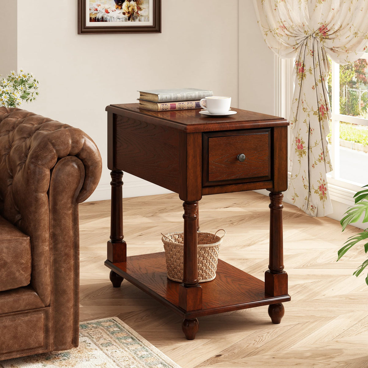 Narrow Wood End Table with Drawer N984