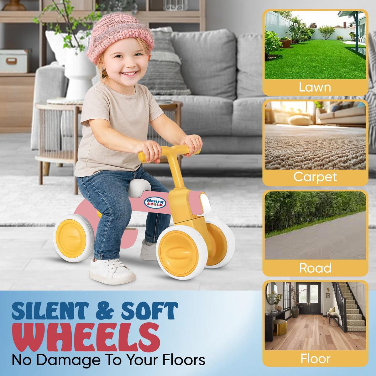 4 Wheel Toddler Balance Bike with Lights Music Soft Seat Pink A192312
