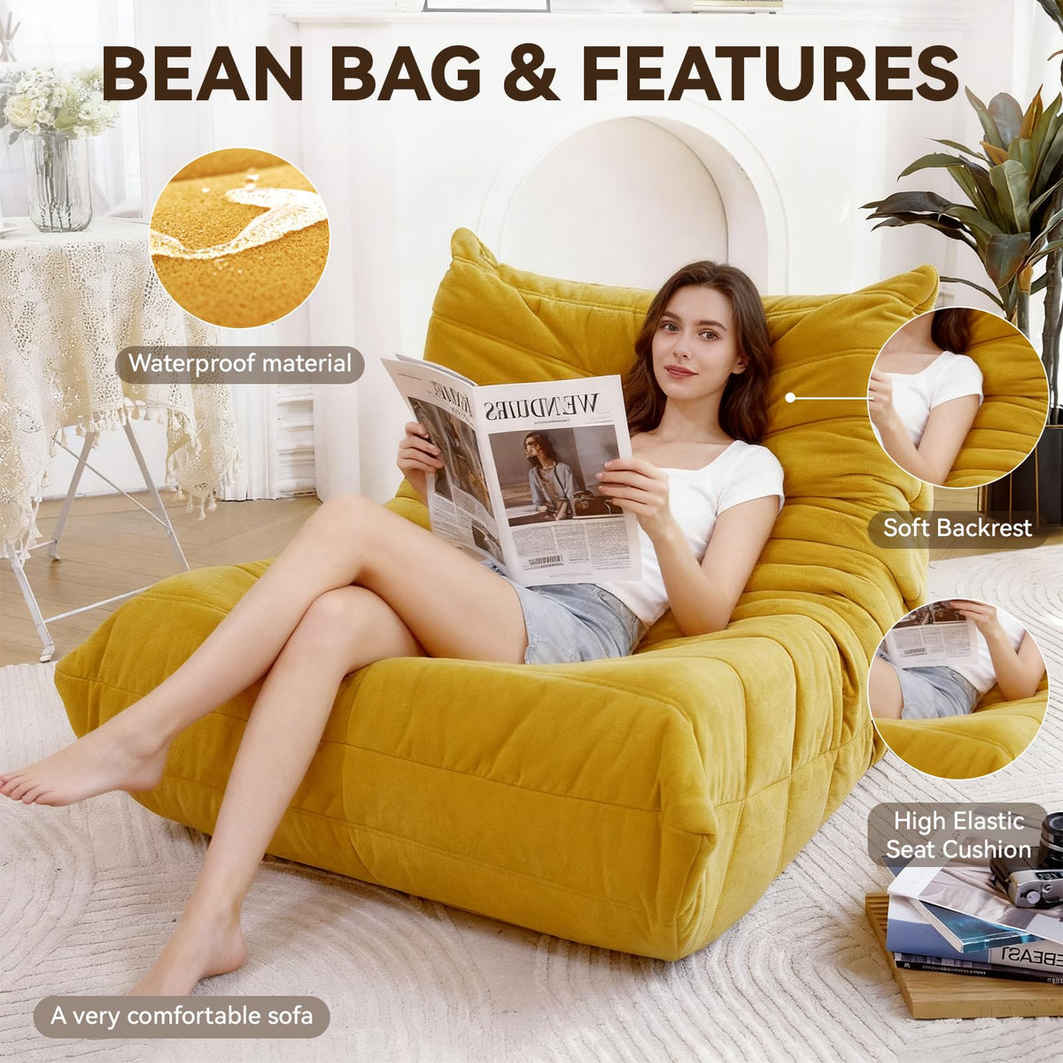 Yellow Memory Foam Bean Bag Chair R95895