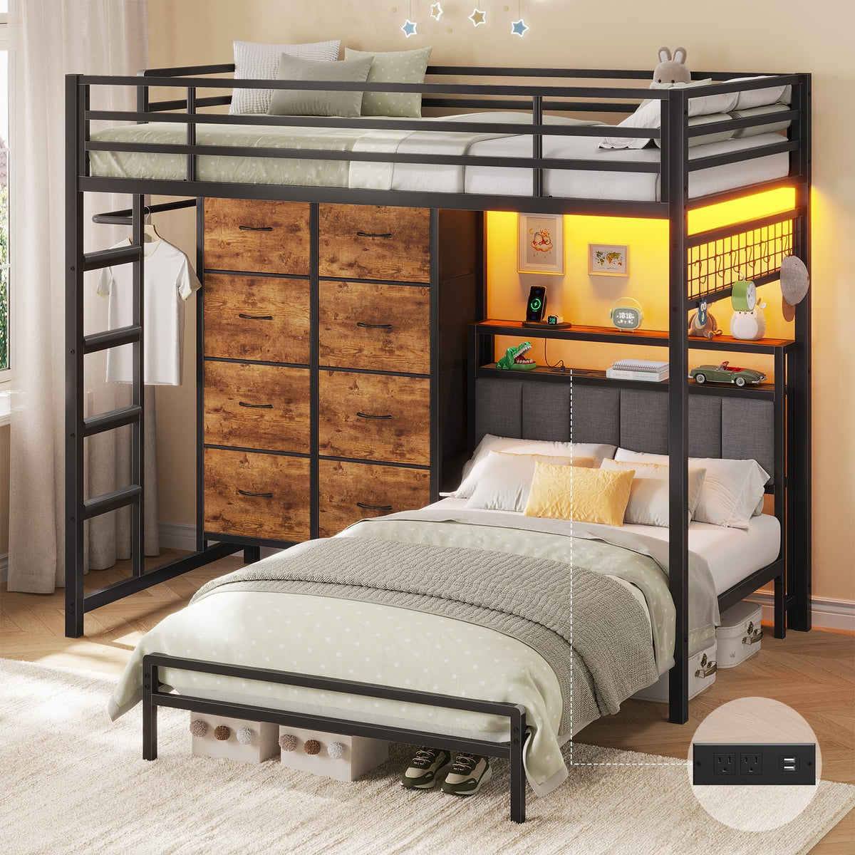 Twin Over Twin Bunk Bed with 8 Drawers and Storage Headboard Q44974