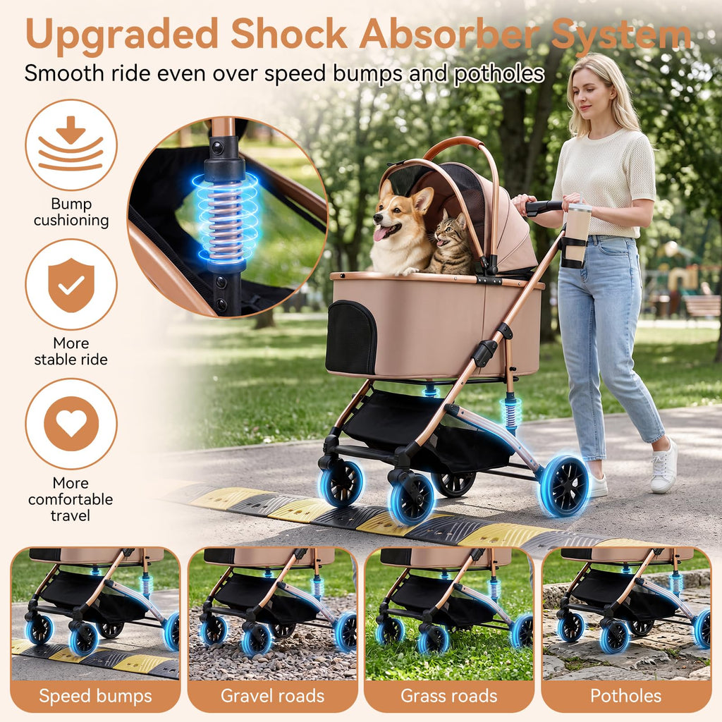 Khaki 3-in-1 Pet Stroller with Detachable Carrier A6836