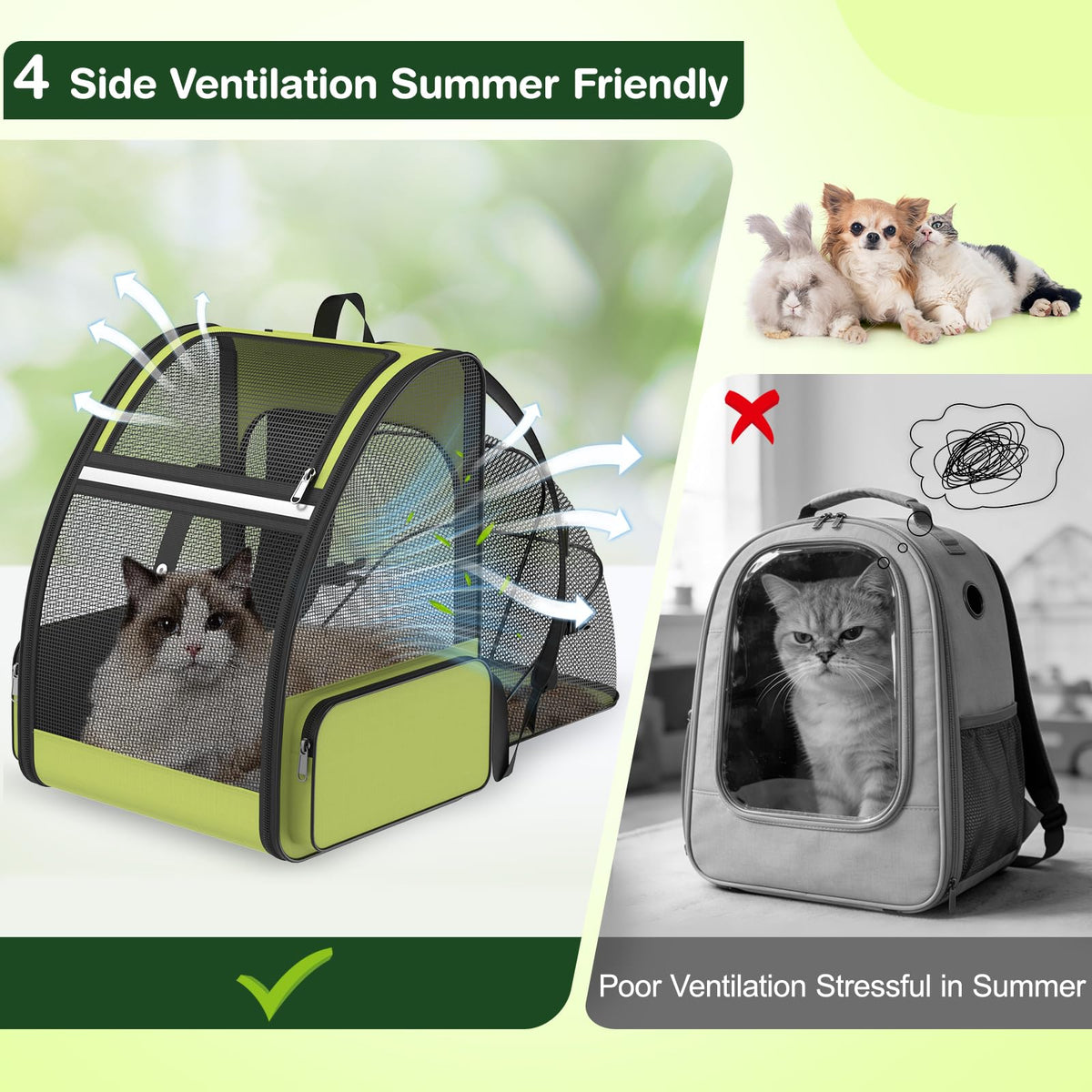 Green Expandable Breathable Mesh Cat Backpack Carrier C643