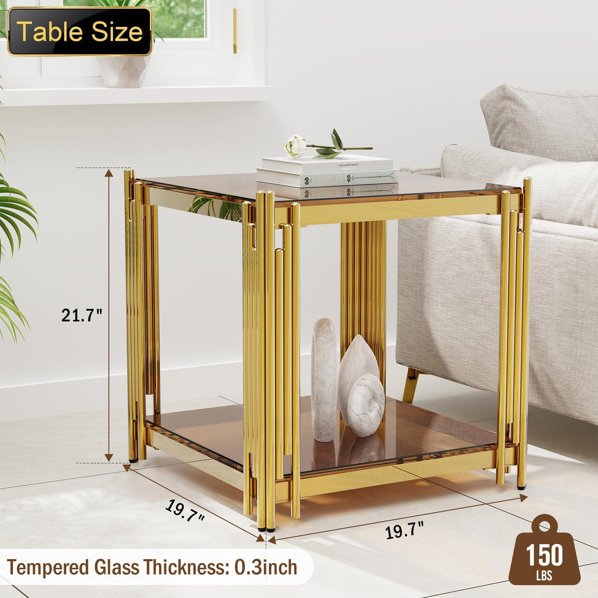 Gold Square Glass End Table, Set of 2 Q35599