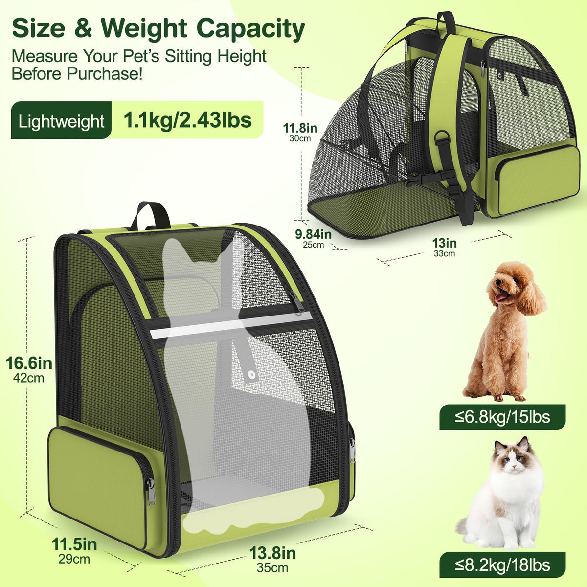 Green Expandable Breathable Mesh Cat Backpack Carrier C643