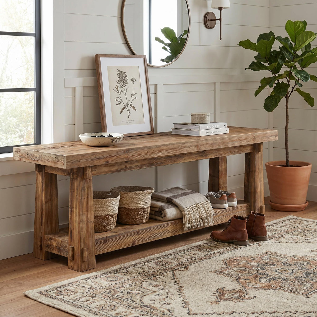 55" Wood Entryway Bench with Shoe Storage L1600