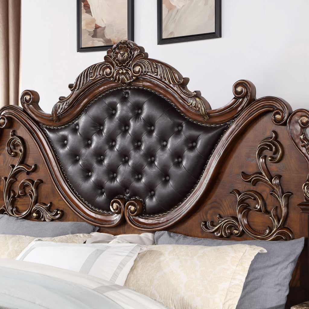 Brown Cherry California King-Size Wood Bed with Button-Tufted Headboard C13257
