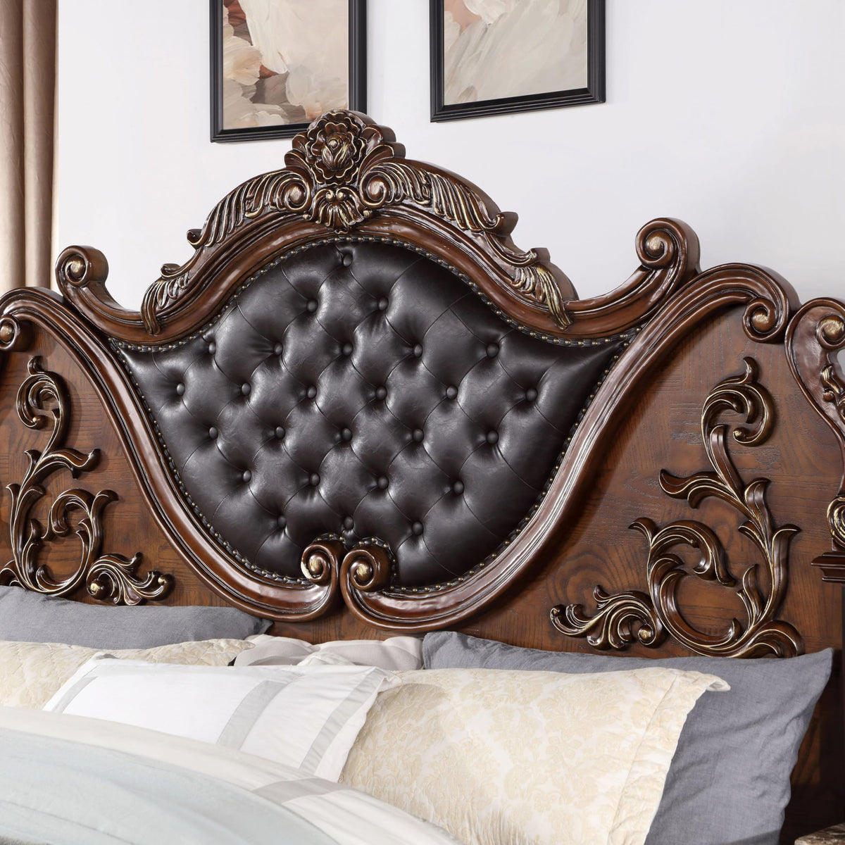Brown Cherry California King-Size Wood Bed with Button-Tufted Headboard C13257