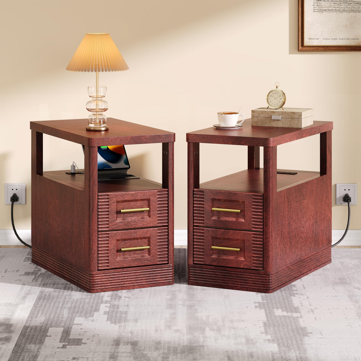 Farmhouse End Table with Charging Station, 2 Storage Drawers H81295