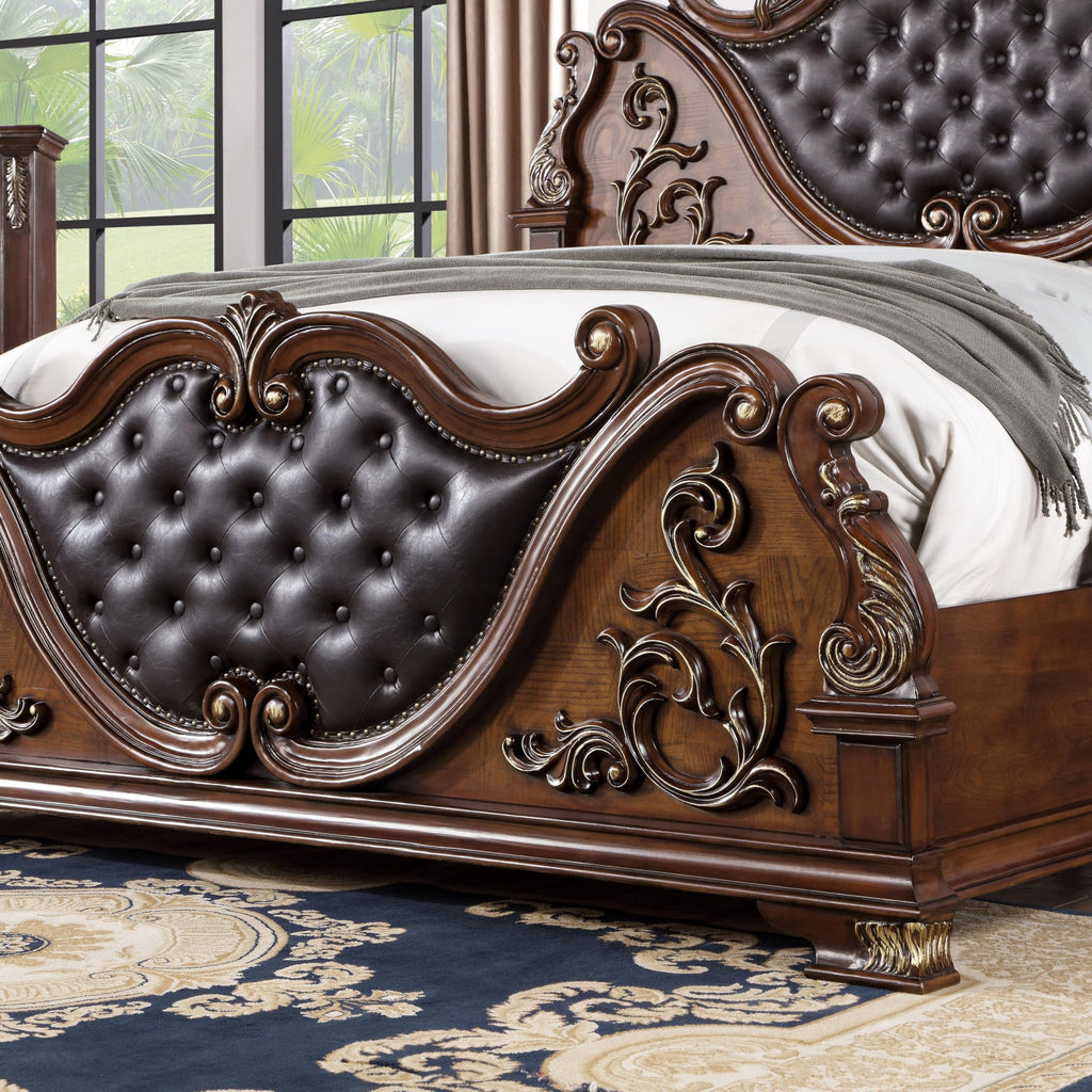 Brown Cherry California King-Size Wood Bed with Button-Tufted Headboard C13257