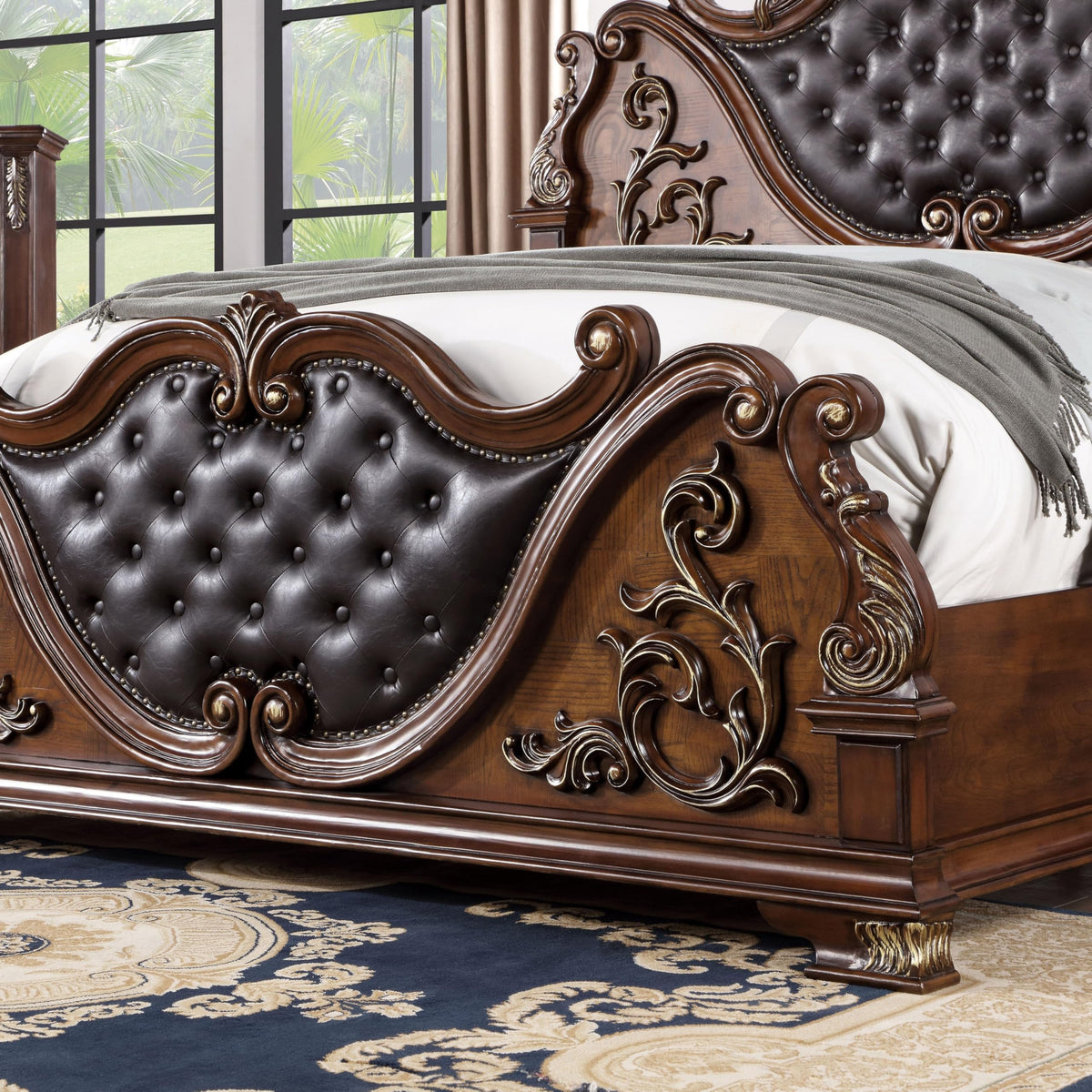 Brown Cherry California King-Size Wood Bed with Button-Tufted Headboard C13257