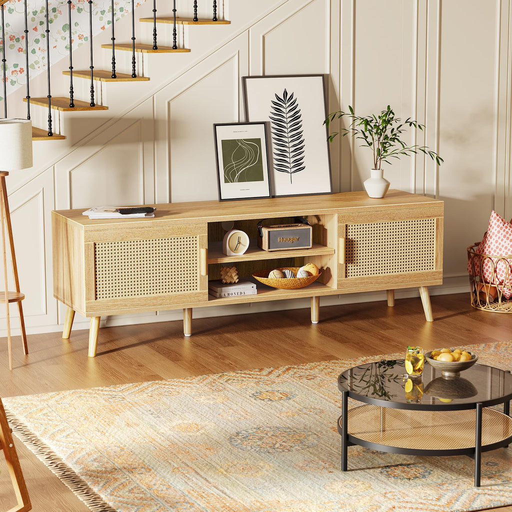 65 Inch Rattan TV Stand with Adjustable Shelf and 2 Cabinets X5871