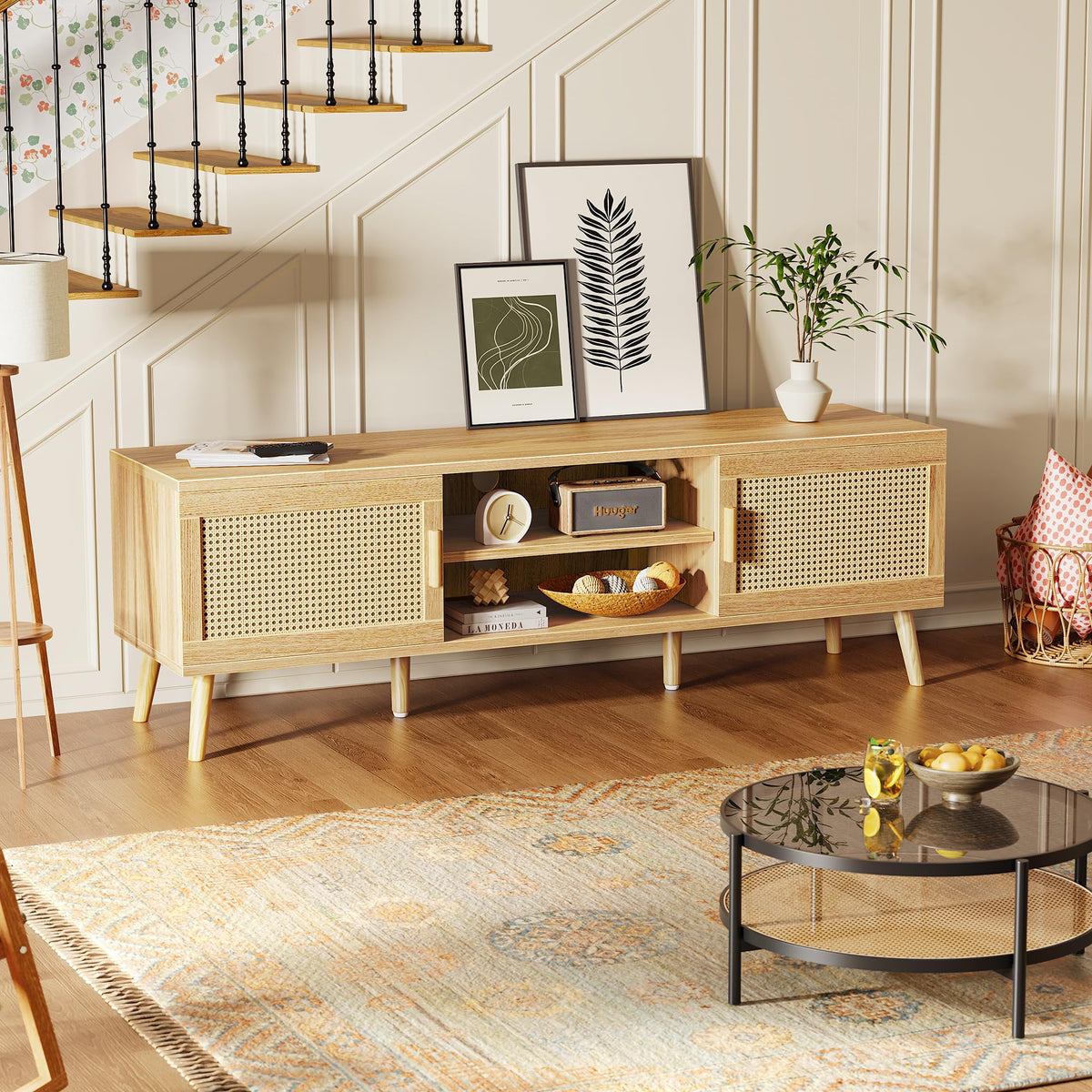 65 Inch Rattan TV Stand with Adjustable Shelf and 2 Cabinets X5871