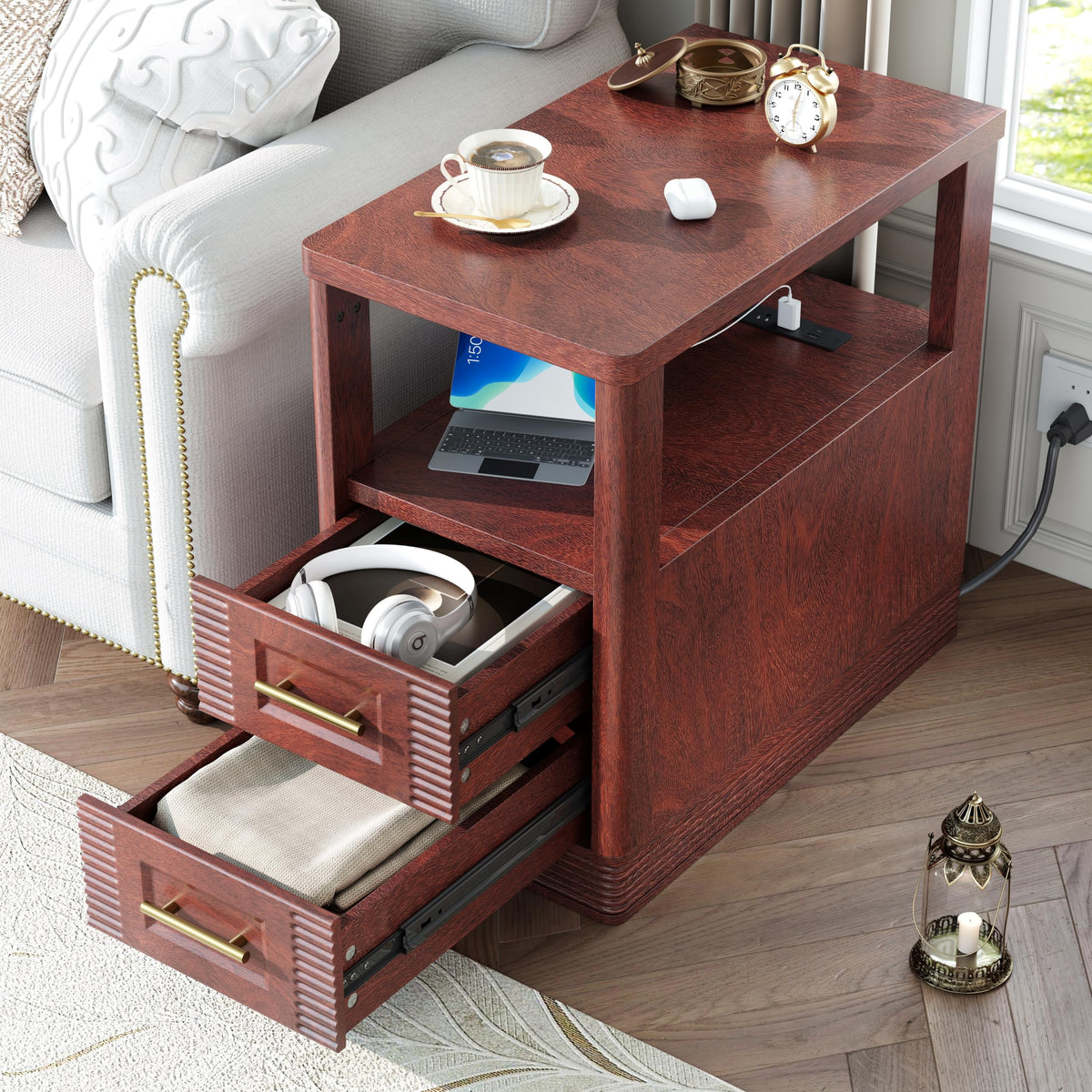 Farmhouse End Table with Charging Station, 2 Storage Drawers H81295