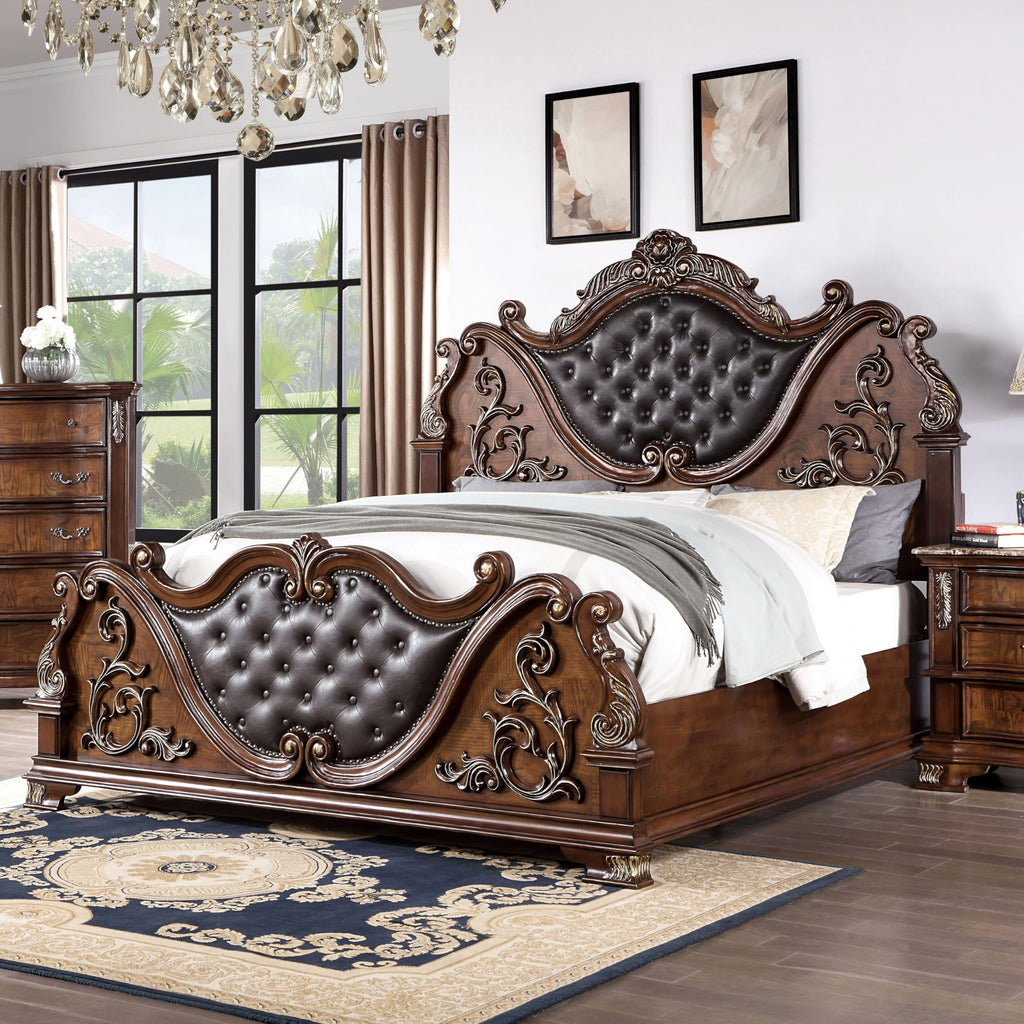 Brown Cherry California King-Size Wood Bed with Button-Tufted Headboard C13257