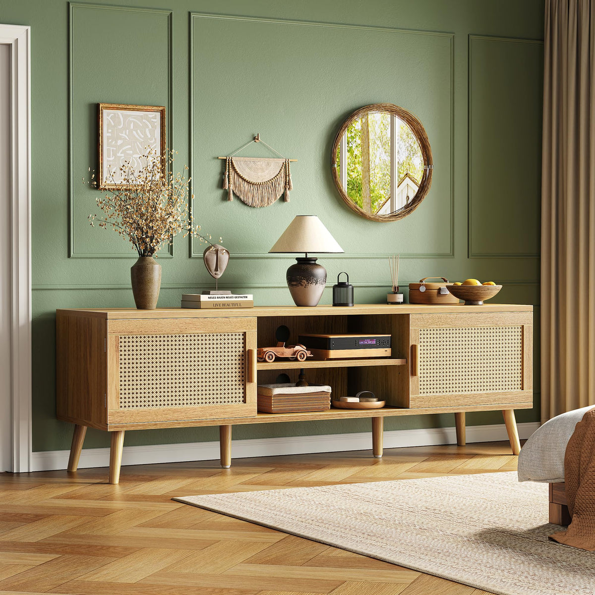 65 Inch Rattan TV Stand with Adjustable Shelf and 2 Cabinets X5871