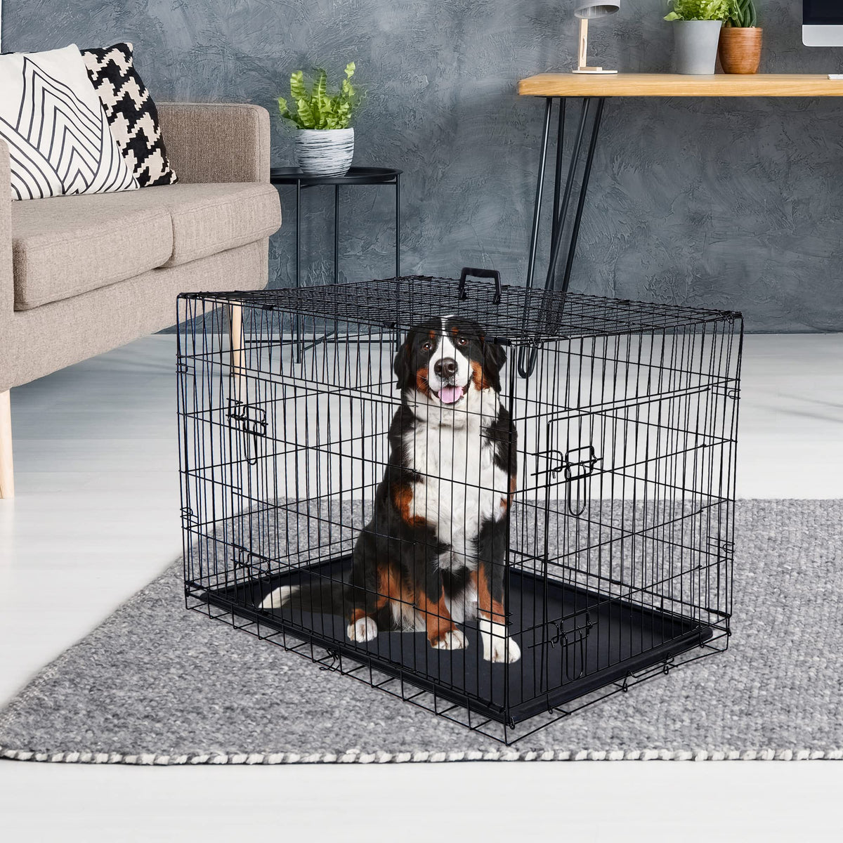 42 Inch Folding Metal Dog Crate with Tray and Handle F79850